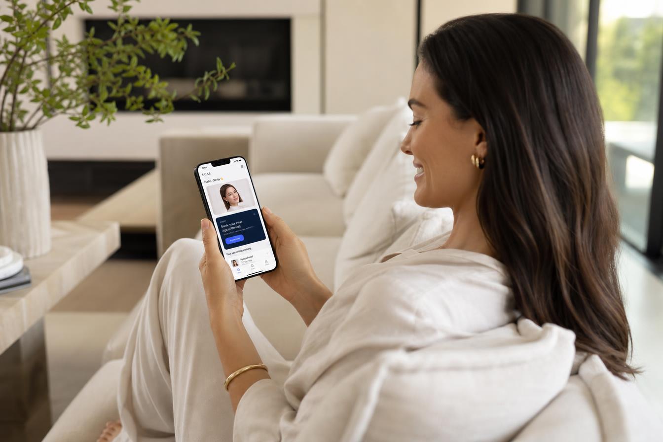 A salon customer relaxing at home using the bespoke AI app on her phone